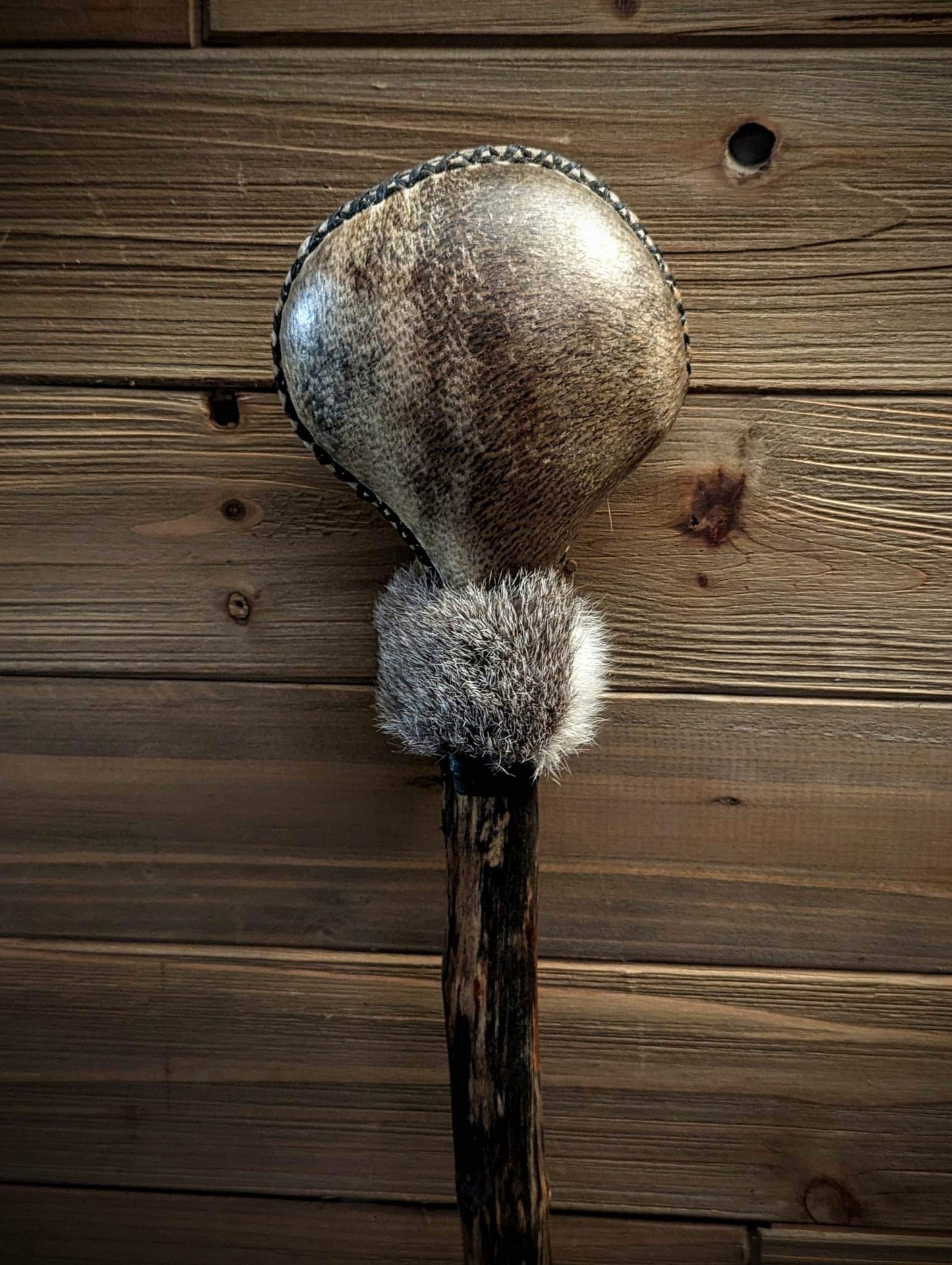 Grárbjörn "Grey Bear" Bear Hide Shaman Rattle with Rabbit Fur and Deer Antler