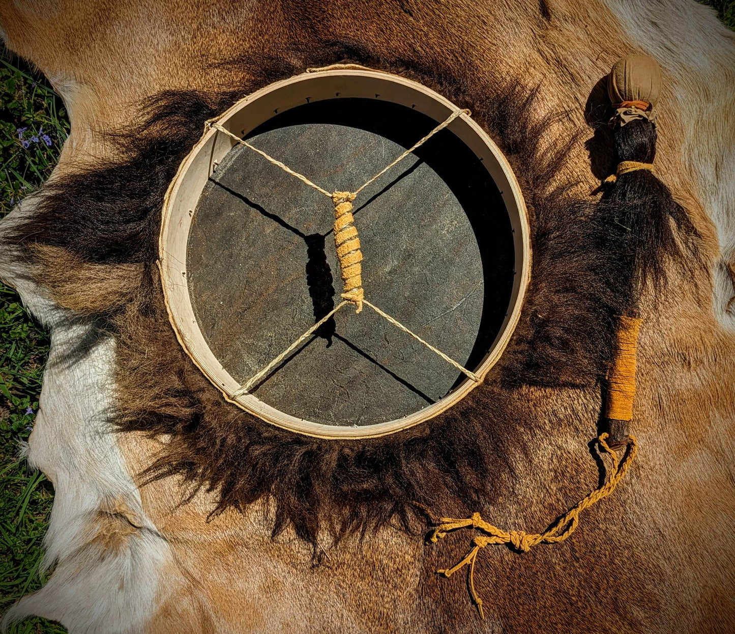 Bison Hair And Hide Thick 14 Inch Ceremonial Drum and Beater