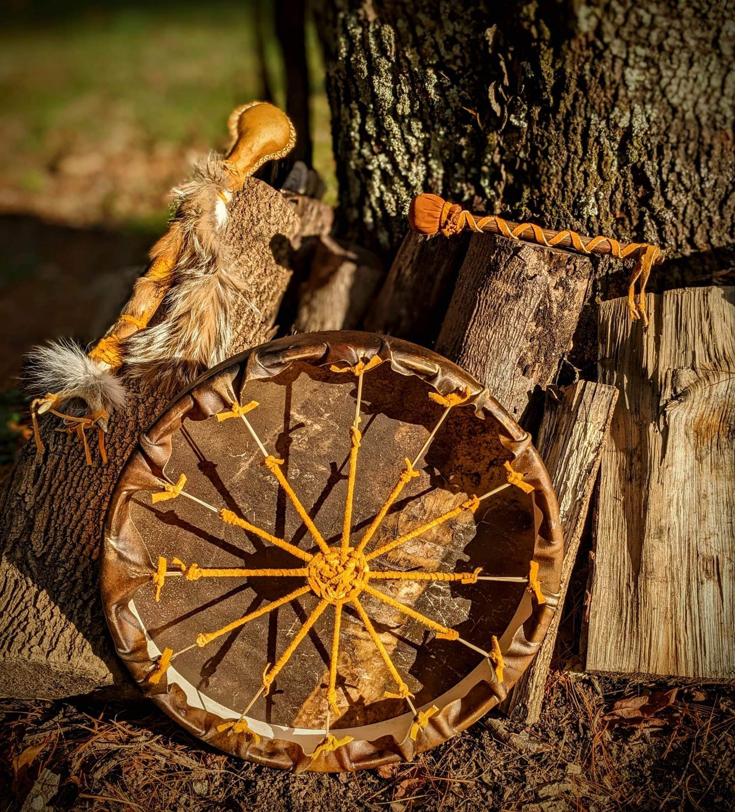 20 Inch Bison Drum With Guldbjörn 'Golden Bear' Shaman Rattle | Bear Hide | Coyote Fur | Deer Antler