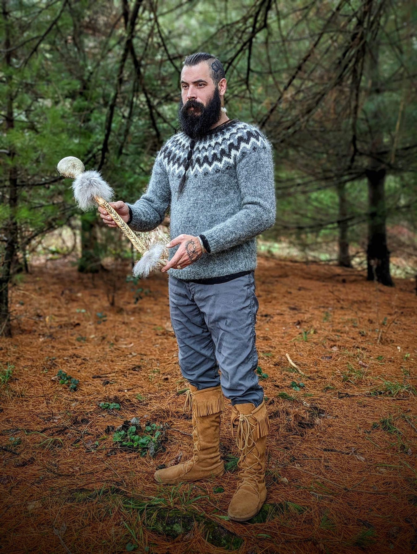 Bear Hide Shaman Rattle with Wolf Fur and Deer Antler