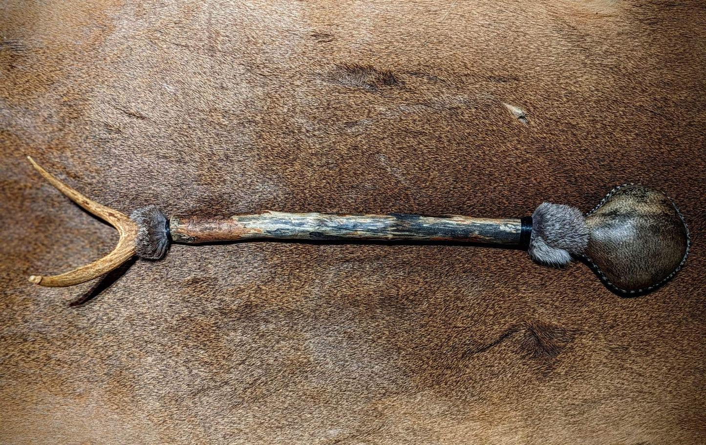 Grárbjörn "Grey Bear" Bear Hide Shaman Rattle with Rabbit Fur and Deer Antler