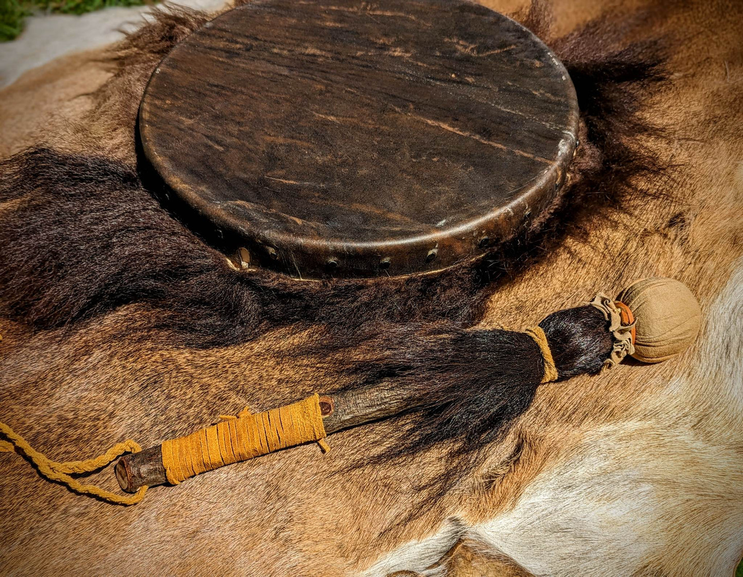 Bison Hair And Hide Thick 14 Inch Ceremonial Drum and Beater