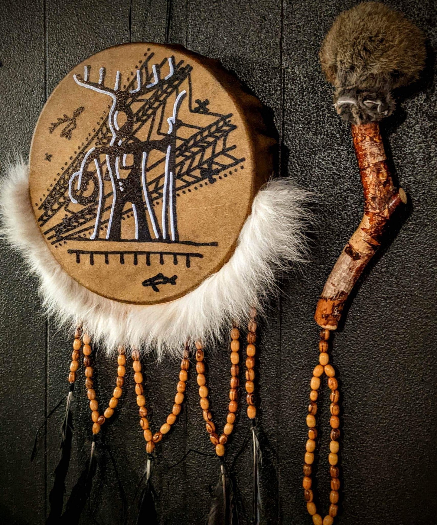10 Inch Moose Hide Beaded Drum & Rabbit Fur Beater