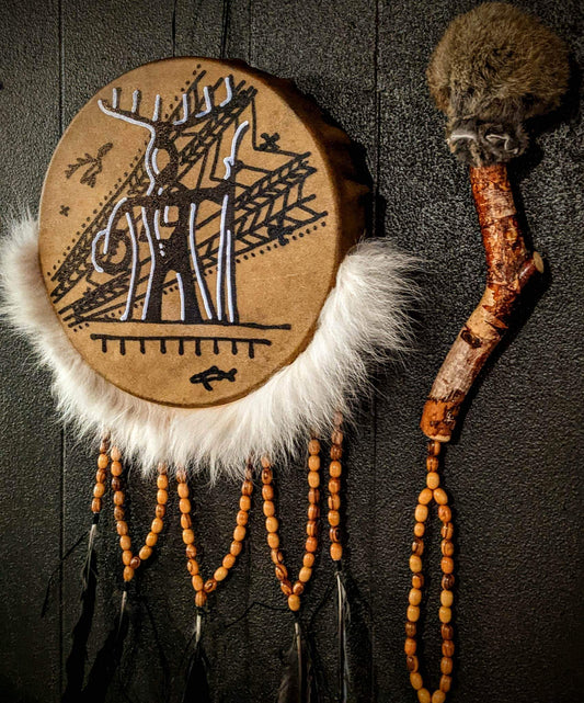 10 Inch Moose Hide Beaded Drum & Rabbit Fur Beater