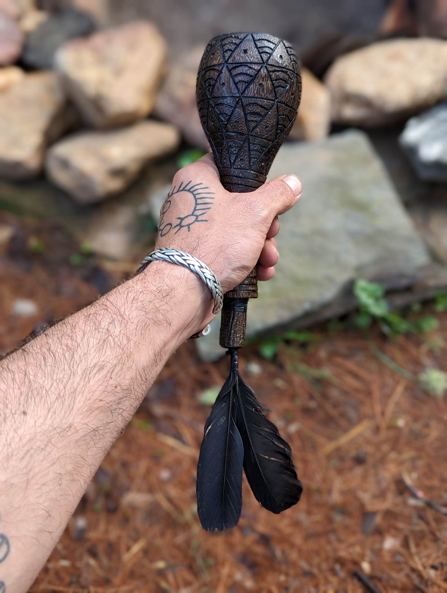 European Crow Feather Shaman Rattle | Hand Carved Wood