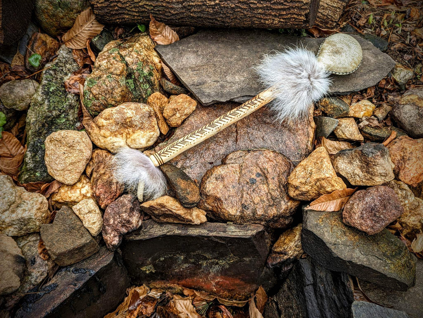 Bear Hide Shaman Rattle with Wolf Fur and Deer Antler