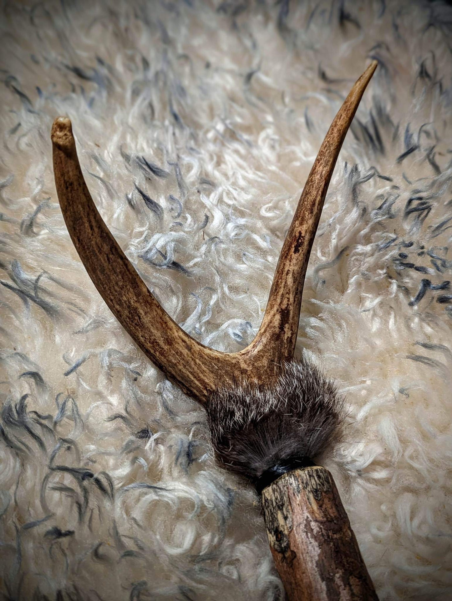 Grárbjörn "Grey Bear" Bear Hide Shaman Rattle with Rabbit Fur and Deer Antler