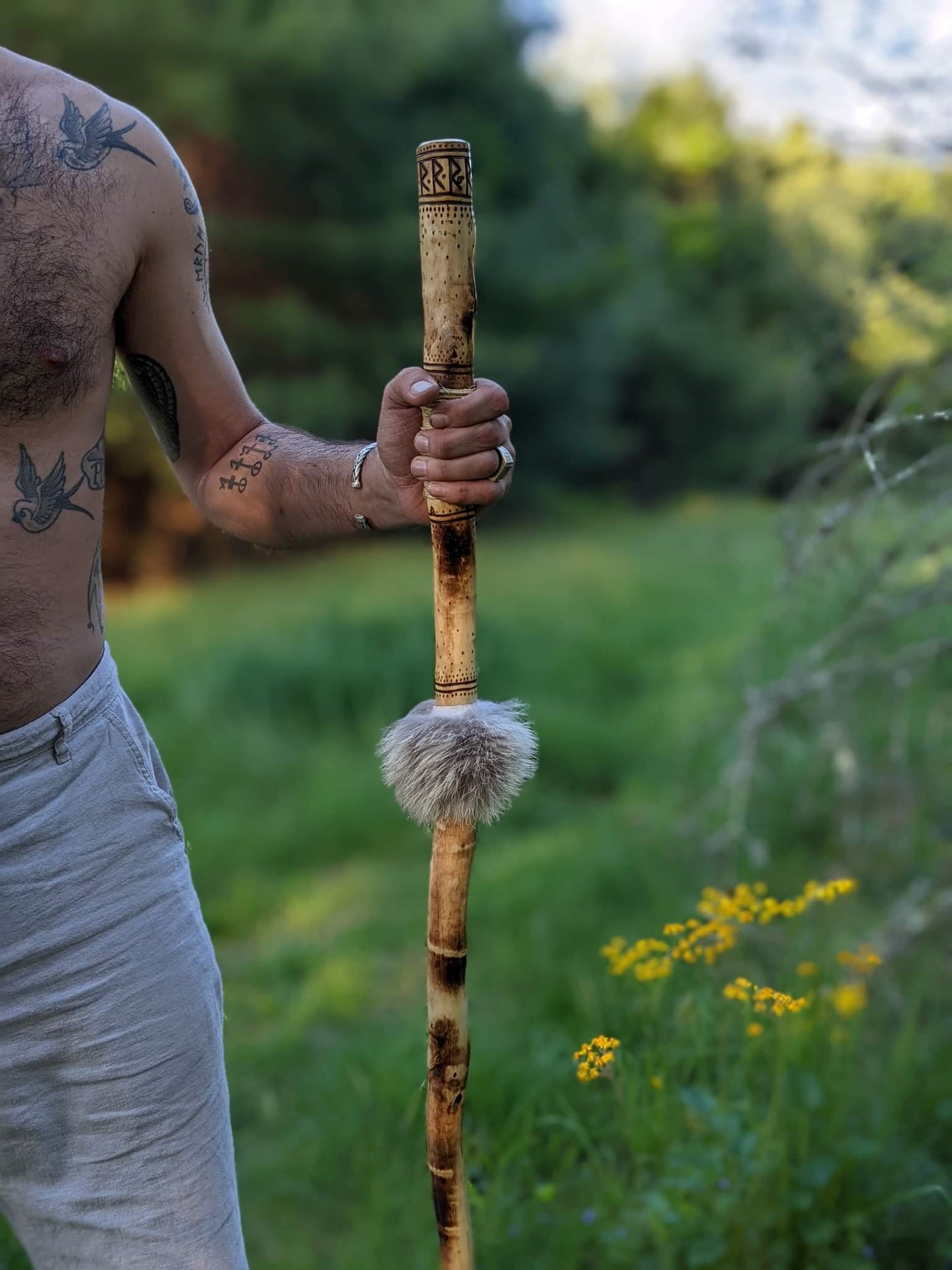 54" Ash + Wolf Fur Raido Staff | Walking Stick