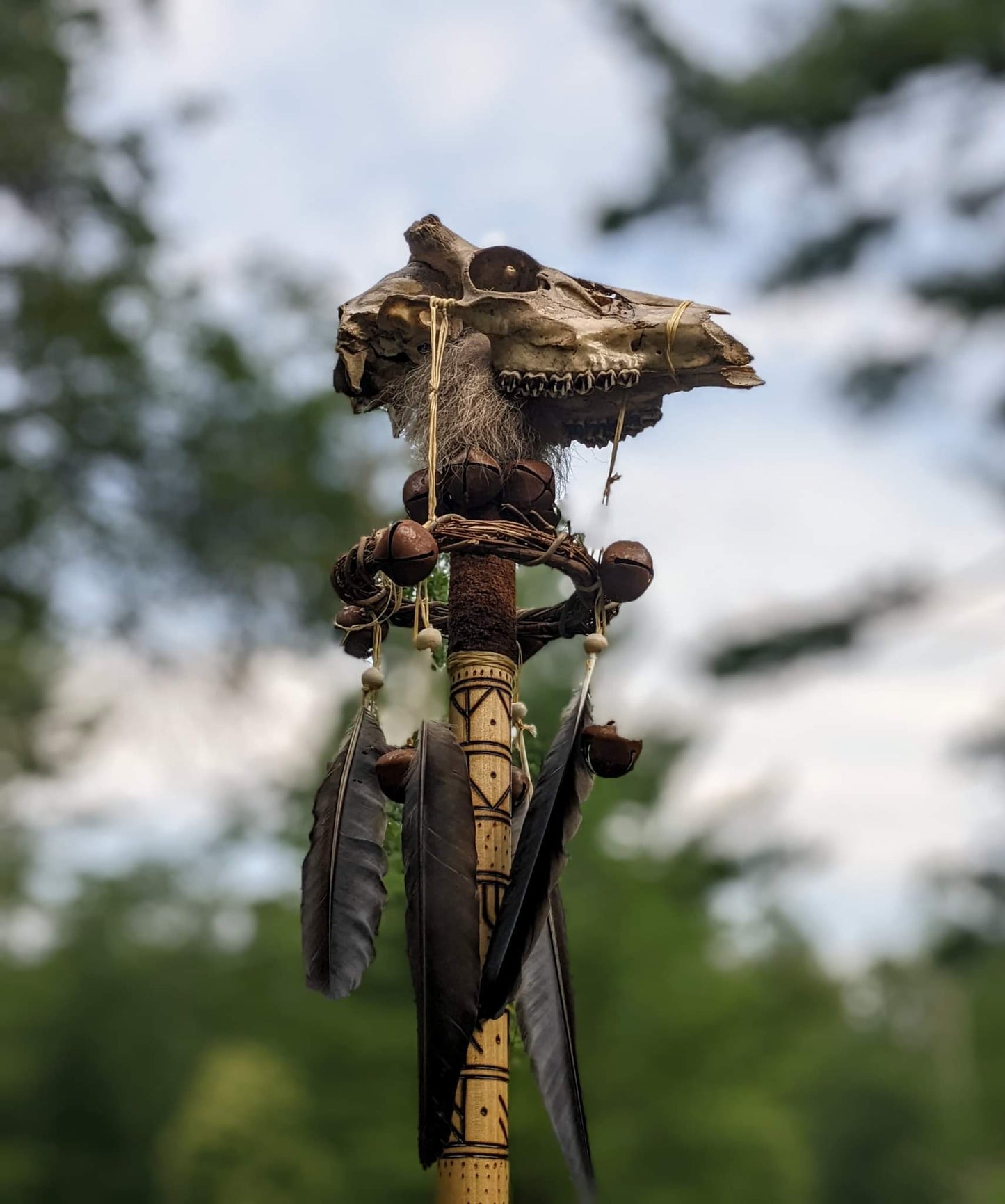 Deer Skull Ritual Runic Formula Staff | Elk Bone | Crow Feather