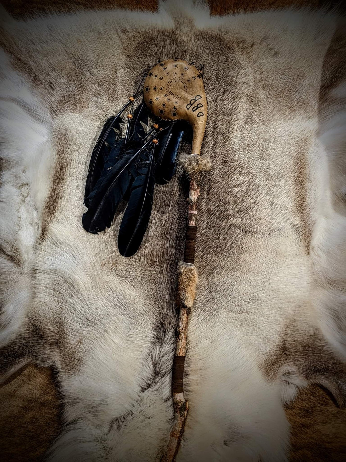 Ondstafr Elk Hide Coyote Fur Ceremonial Rattle Staff