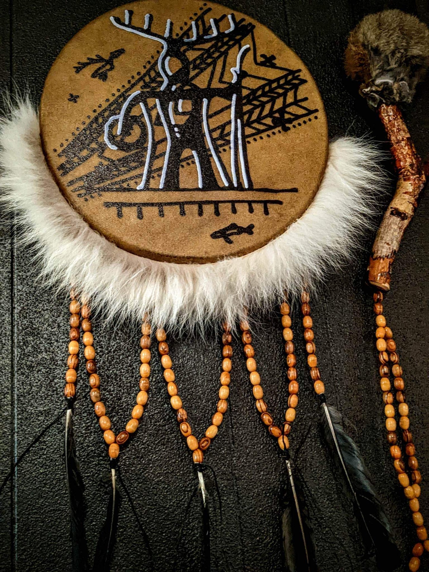 10 Inch Moose Hide Beaded Drum & Rabbit Fur Beater