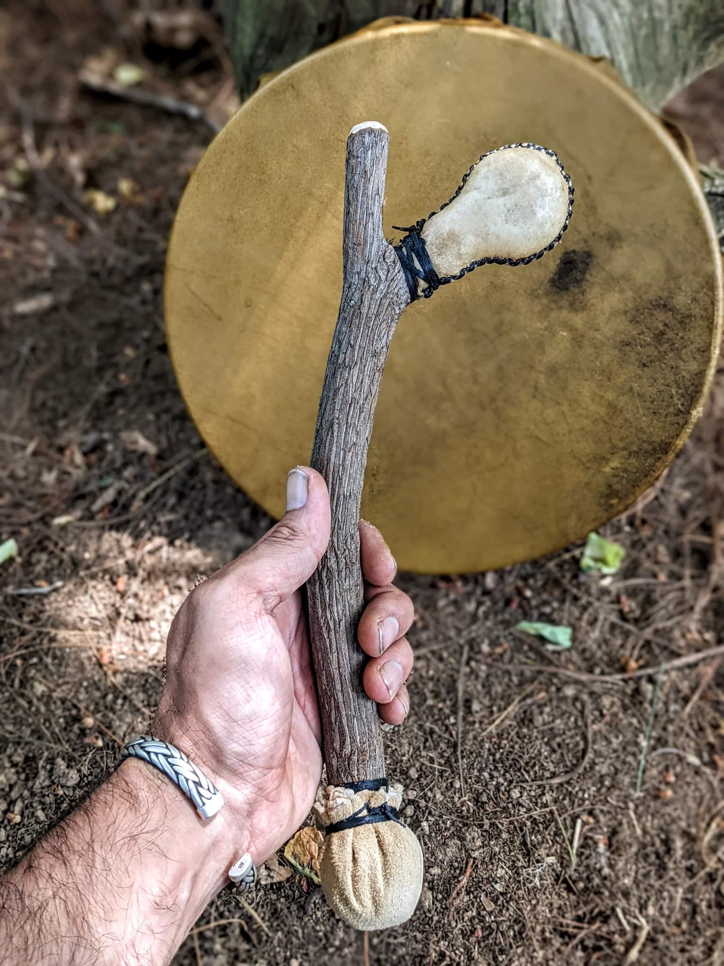 12" Bison Hide Drum With Rattle Ended Beater