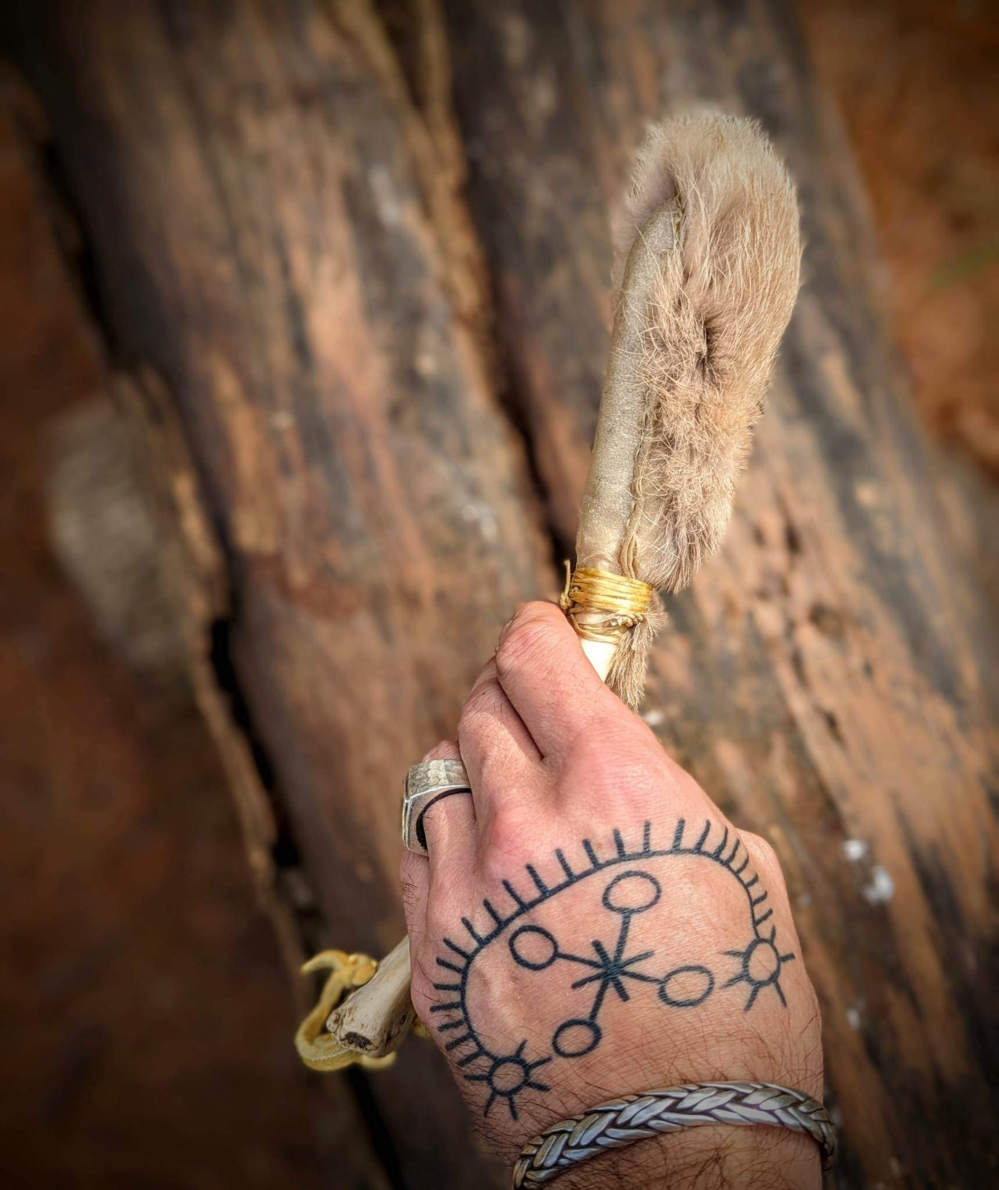 Bone Drum Beater With Rabbit Fur Rattle Head