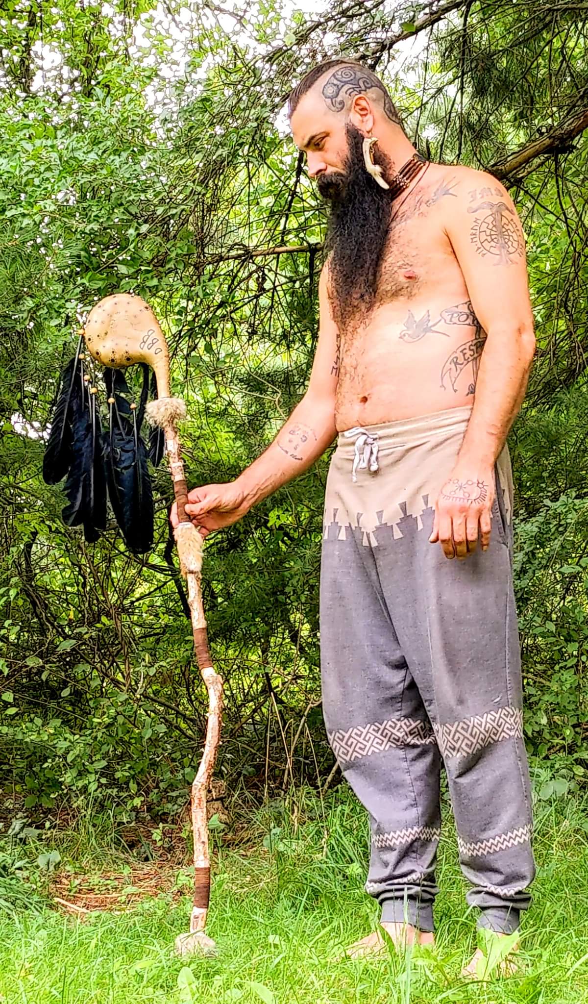 Ondstafr Elk Hide Coyote Fur Ceremonial Rattle Staff