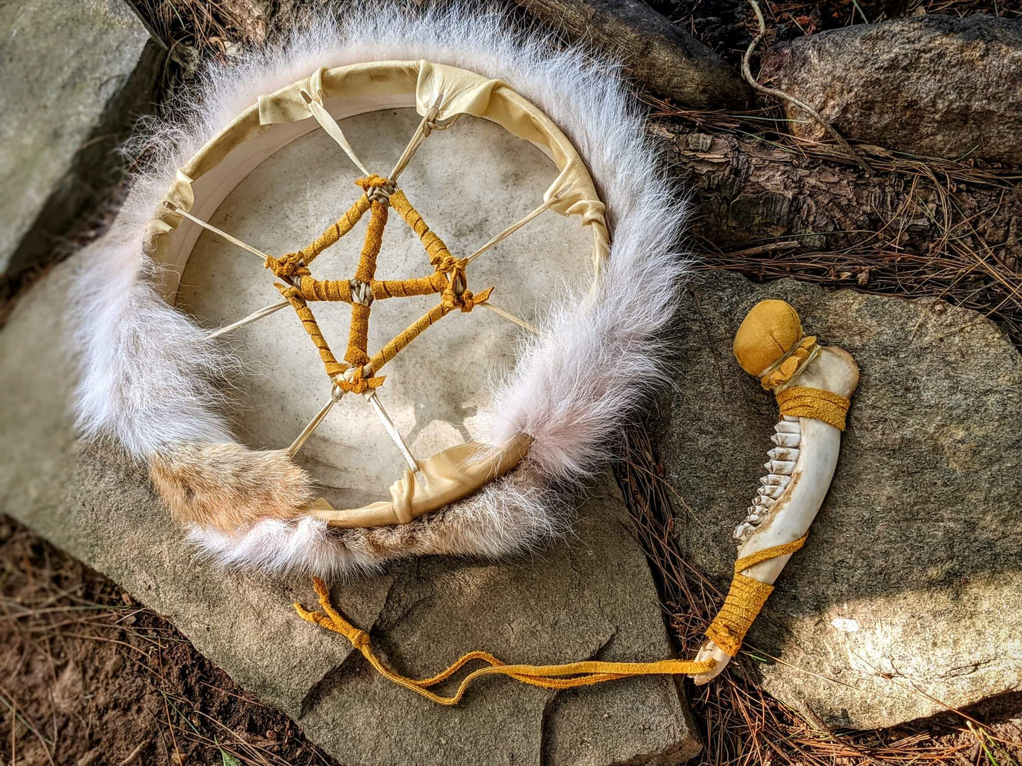 12 Inch Deer Skin Coyote Fur Shaman Drum with Deer Jaw Bone Beater