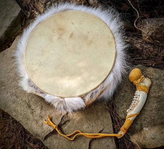 12 Inch Deer Skin Coyote Fur Shaman Drum with Deer Jaw Bone Beater