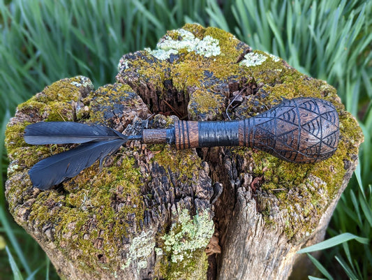 European Crow Feather Shaman Rattle | Hand Carved Wood
