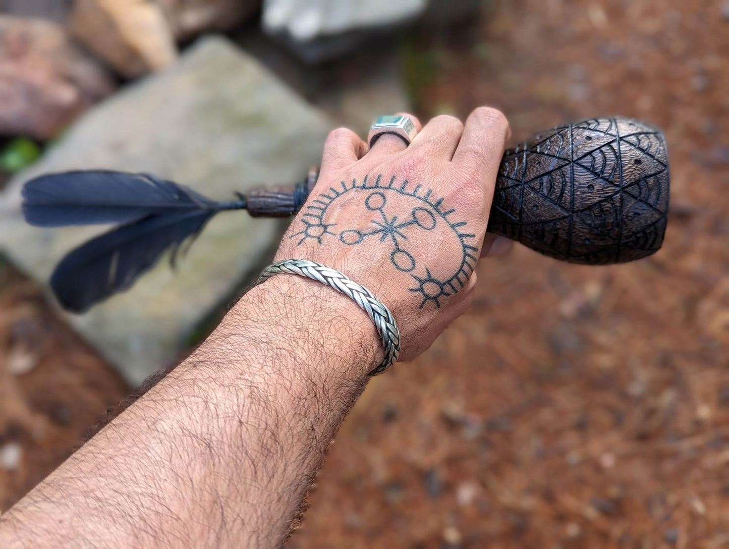 European Crow Feather Shaman Rattle | Hand Carved Wood