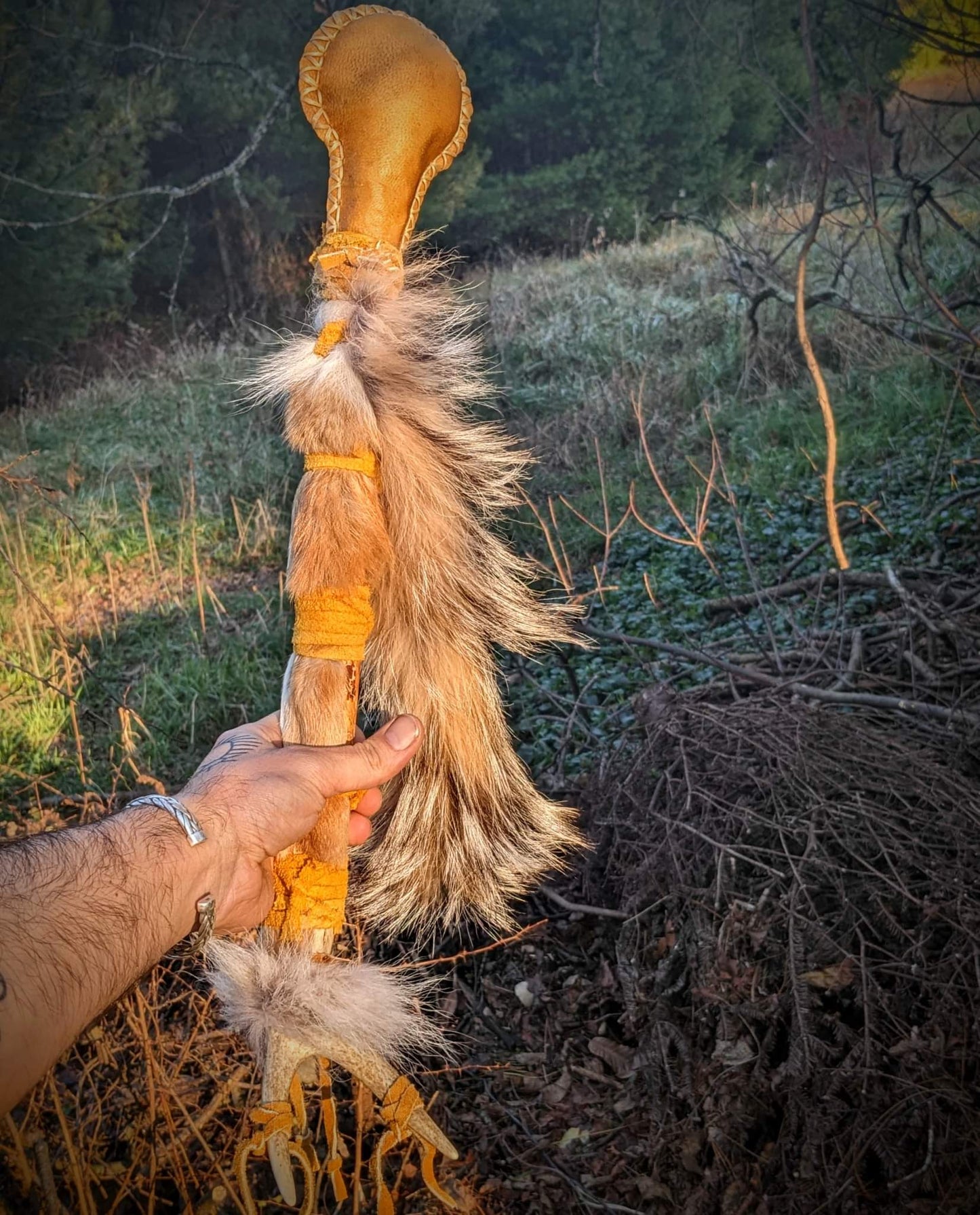 20 Inch Bison Drum With Guldbjörn 'Golden Bear' Shaman Rattle | Bear Hide | Coyote Fur | Deer Antler