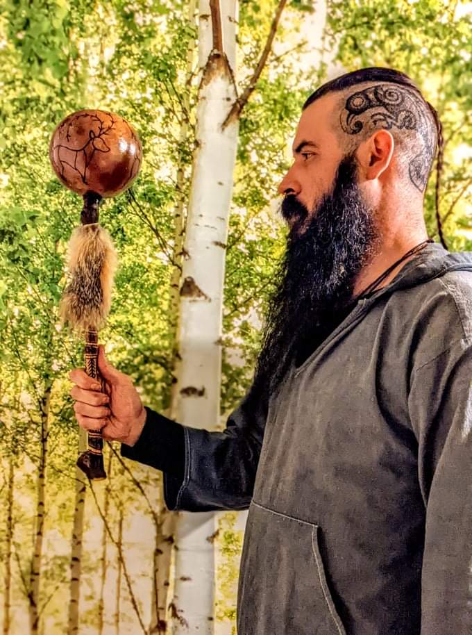 Elk Gourd Rattle | Hand Burned Art | Fox Fur | Holly Branch Handle