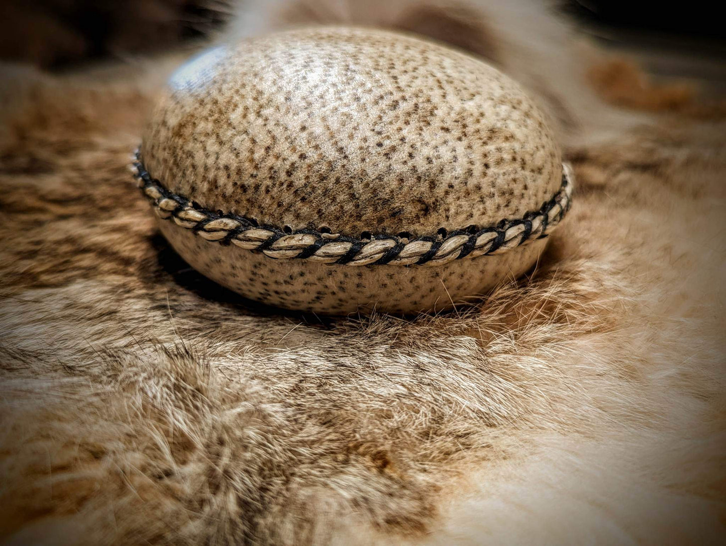 Bear Hide Shaman Rattle with Wolf Fur and Deer Antler