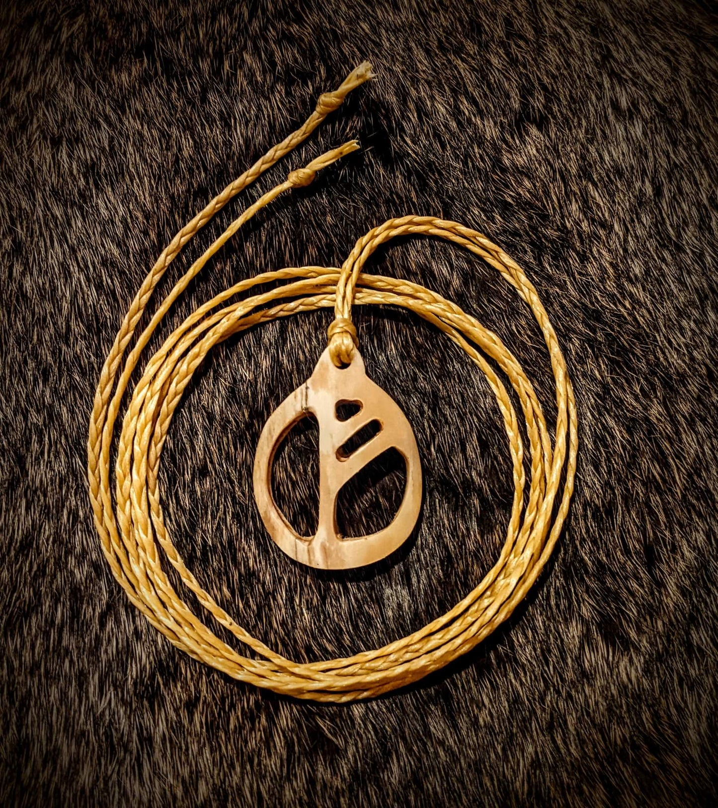 Hand Carved Elk Bone Fehu Pendant on Braided Sinew Cord
