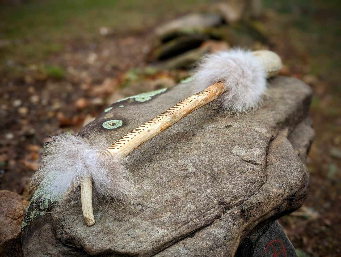 Bear Hide Shaman Rattle with Wolf Fur and Deer Antler
