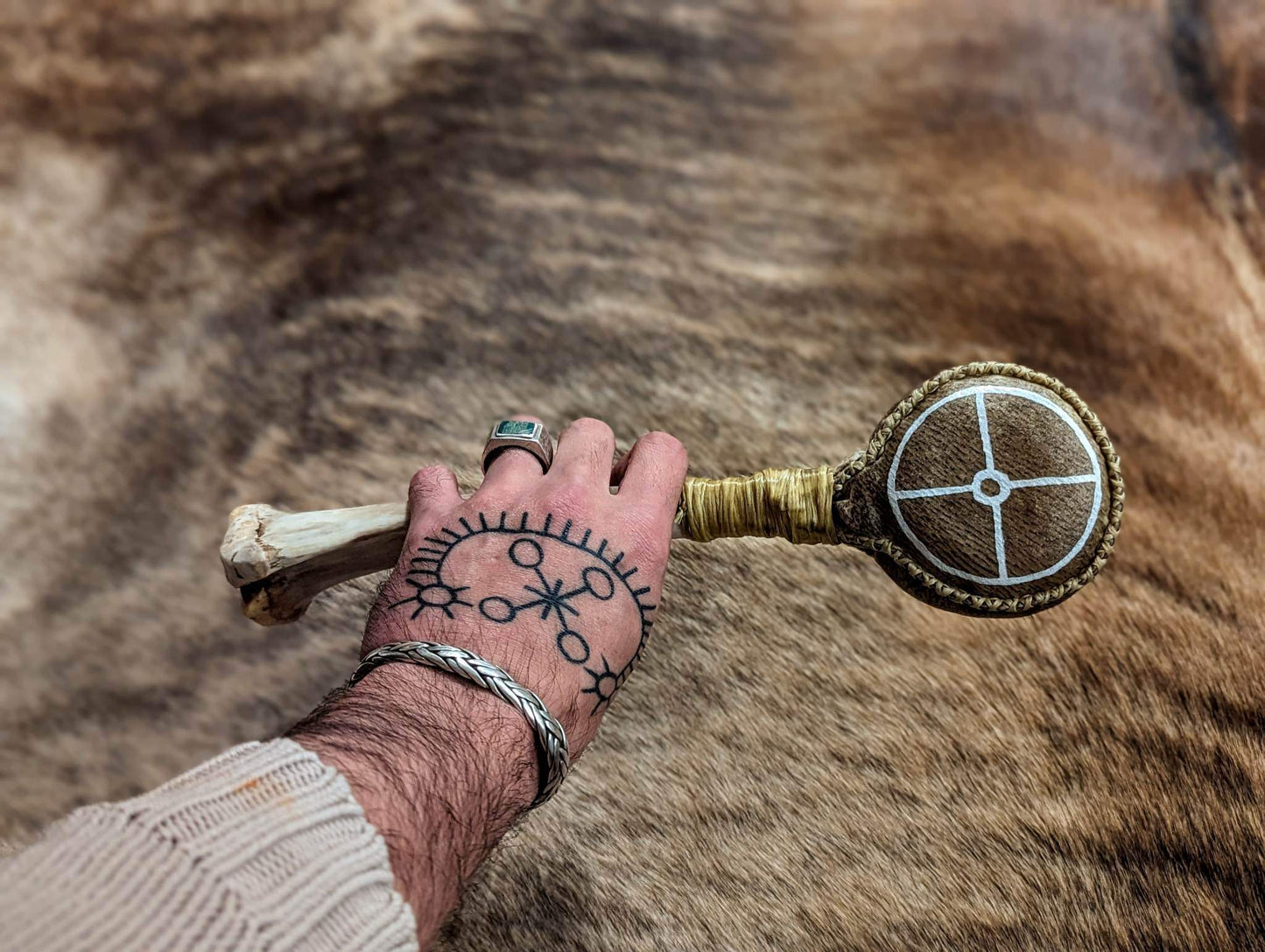 Bone Filled Bjartrbein - "Bright Bone" Shaman Rattle Deer Tibia Bear Skin Rattle