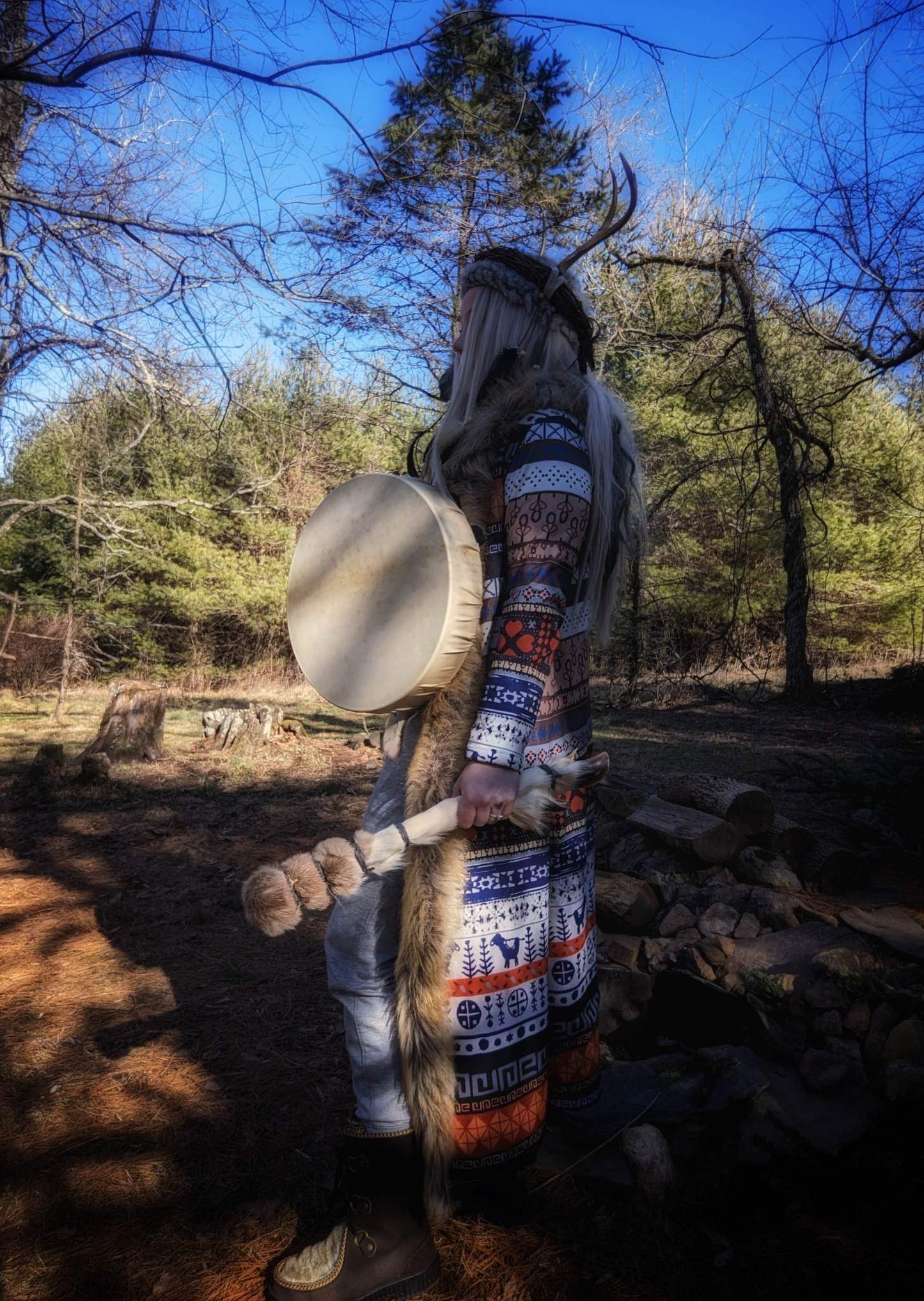 Reindeer Drum With Leg and Hoof Beater And Rattle