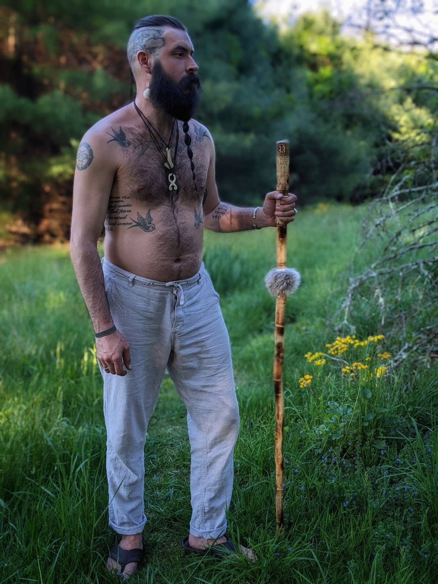54" Ash + Wolf Fur Raido Staff | Walking Stick