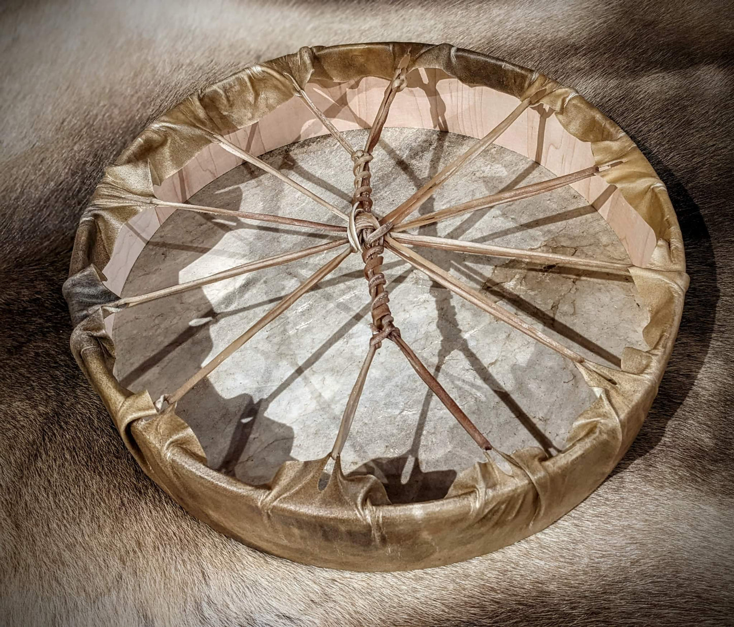 14" 24 Algiz Elk hide Sun Drum, Elk leg bone/ rabbit hide drum beater