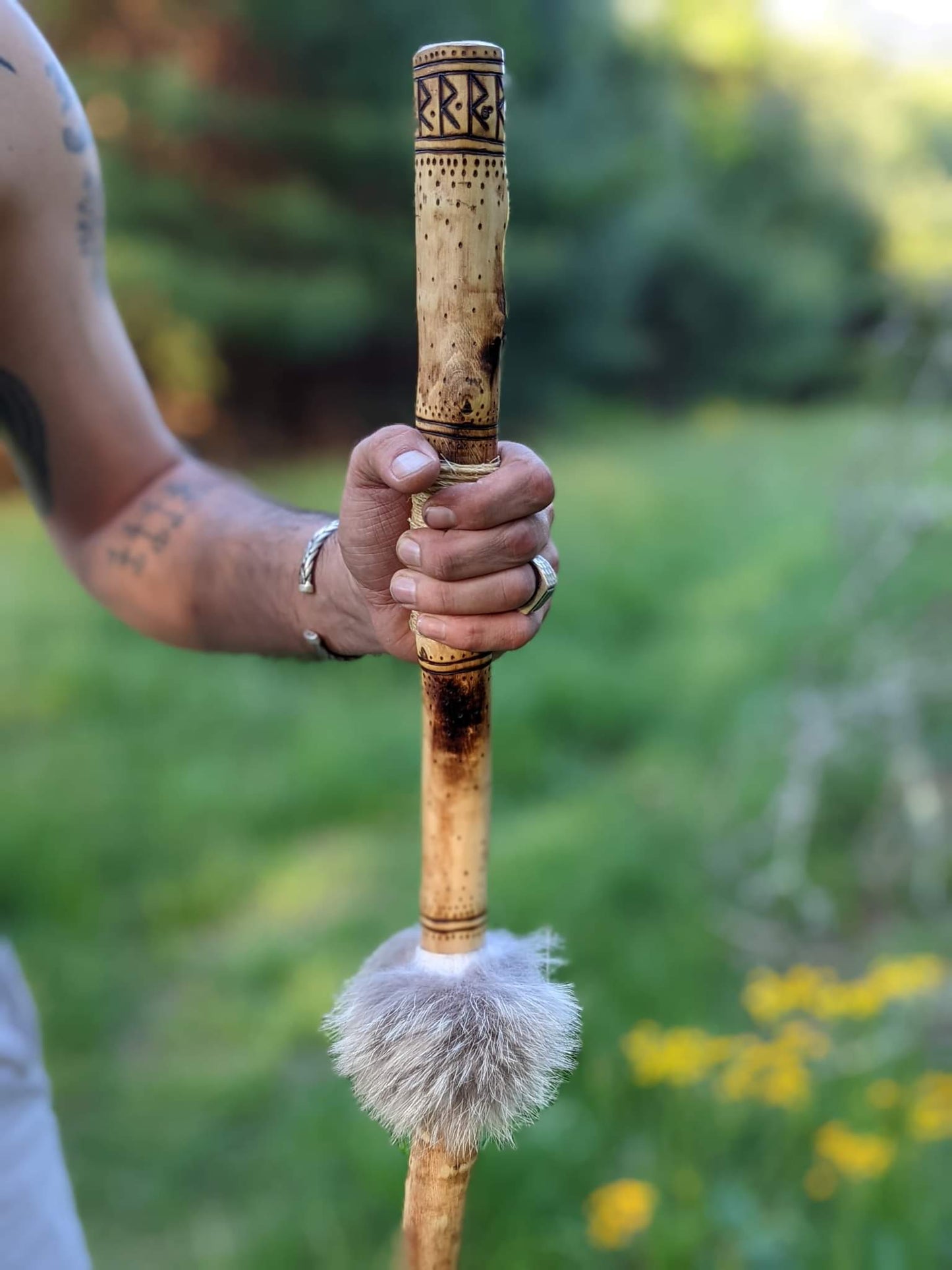 54" Ash + Wolf Fur Raido Staff | Walking Stick