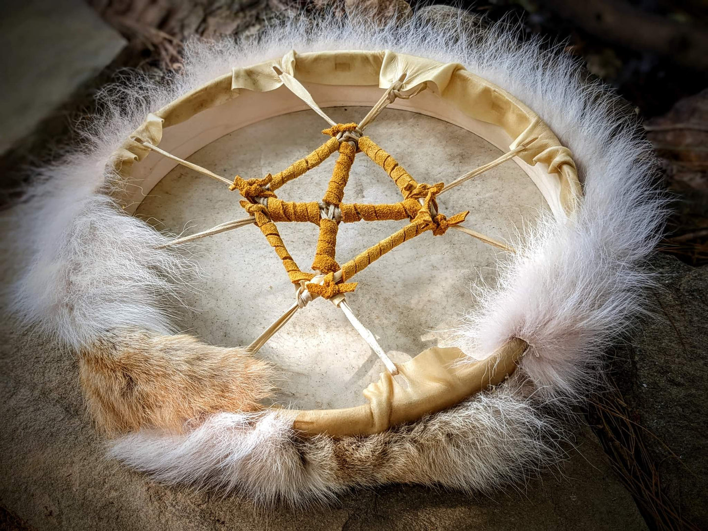 12 Inch Deer Skin Coyote Fur Shaman Drum with Deer Jaw Bone Beater