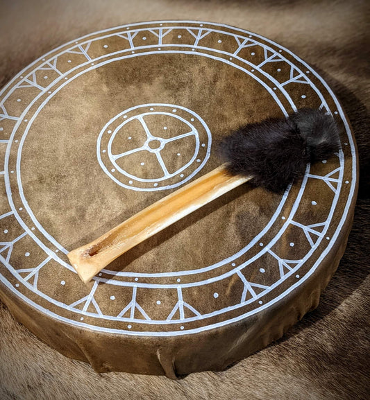 14" 24 Algiz Elk hide Sun Drum, Elk leg bone/ rabbit hide drum beater