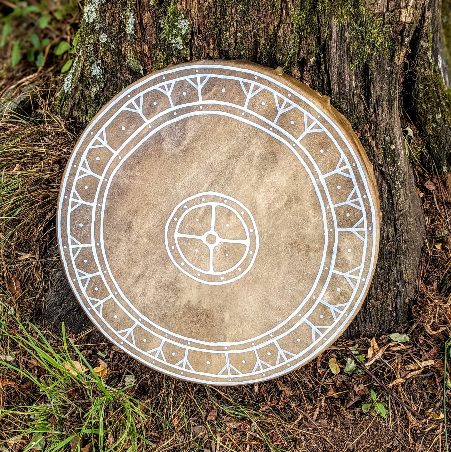 14" 24 Algiz Elk hide Sun Drum, Elk leg bone/ rabbit hide drum beater