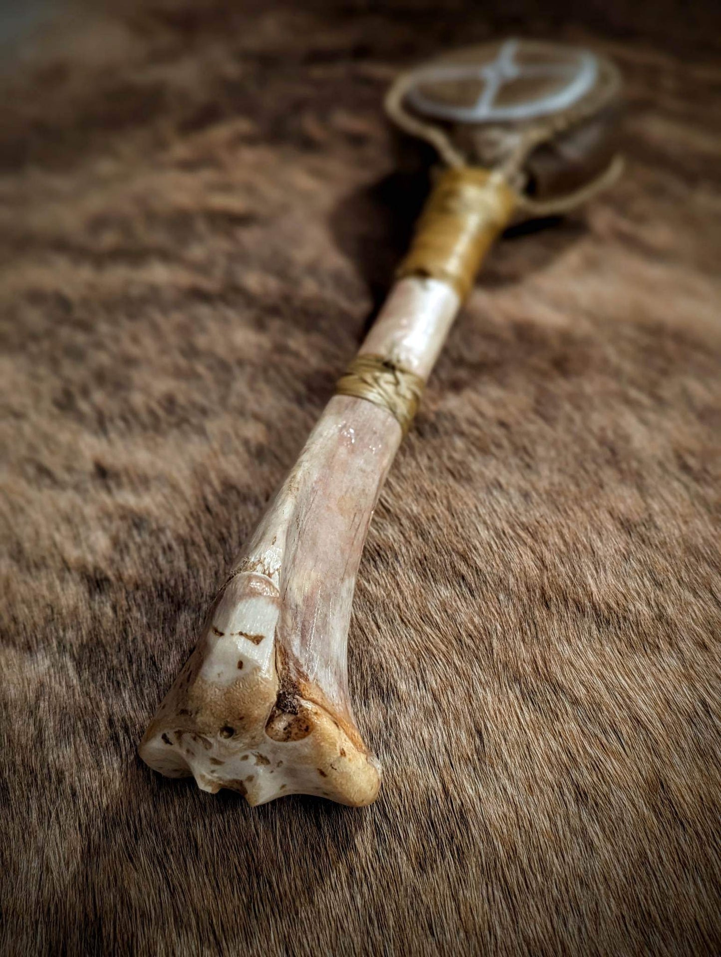 Bone Filled Bjartrbein - "Bright Bone" Shaman Rattle Deer Tibia Bear Skin Rattle