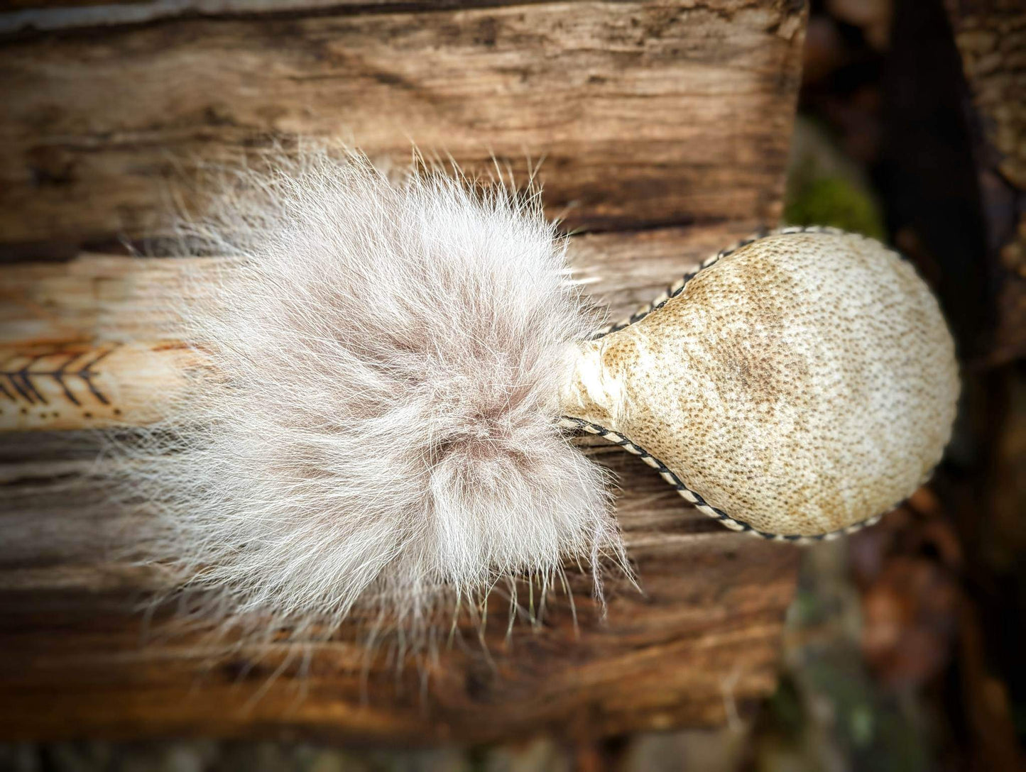 Bear Hide Shaman Rattle with Wolf Fur and Deer Antler