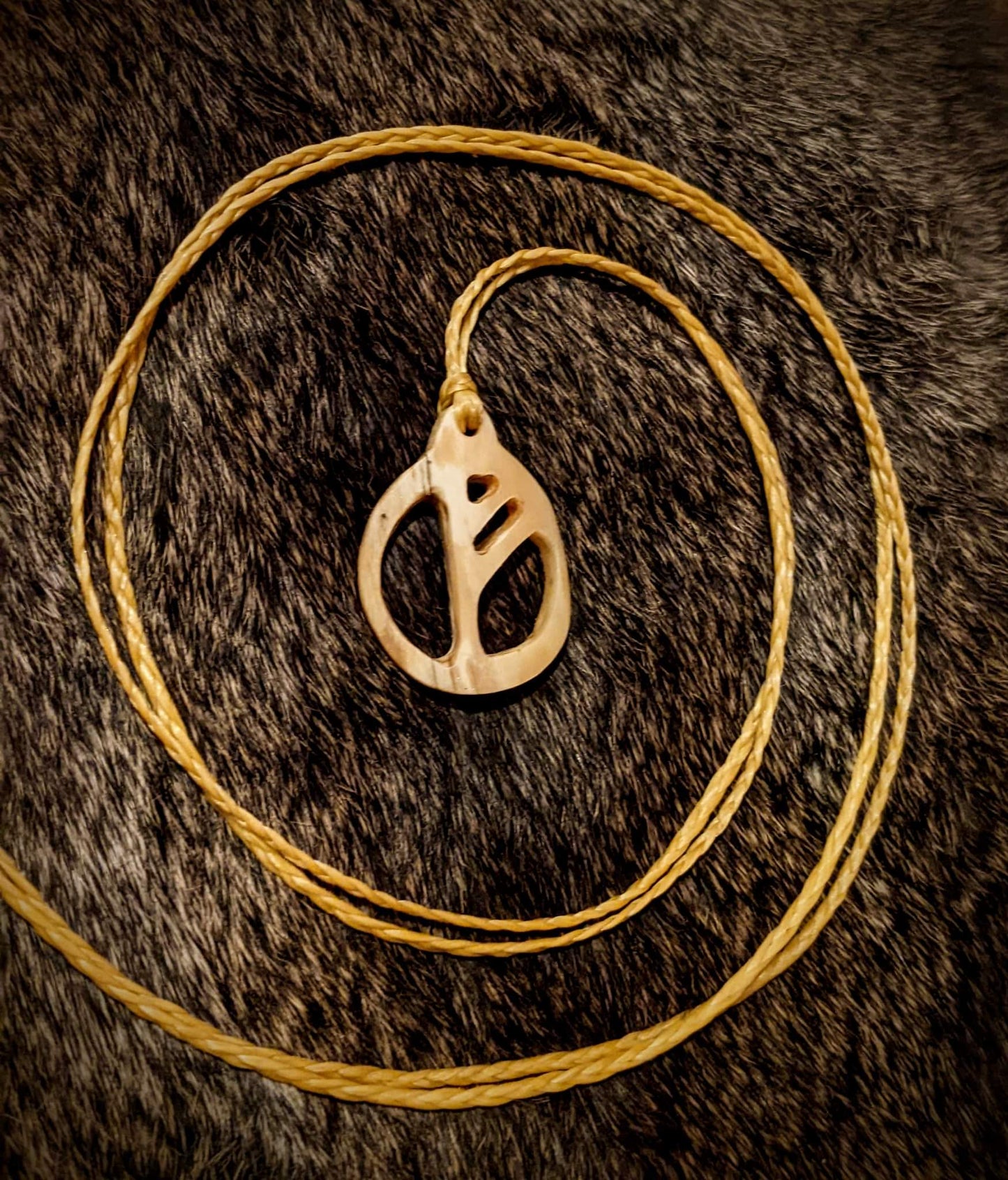 Hand Carved Elk Bone Fehu Pendant on Braided Sinew Cord