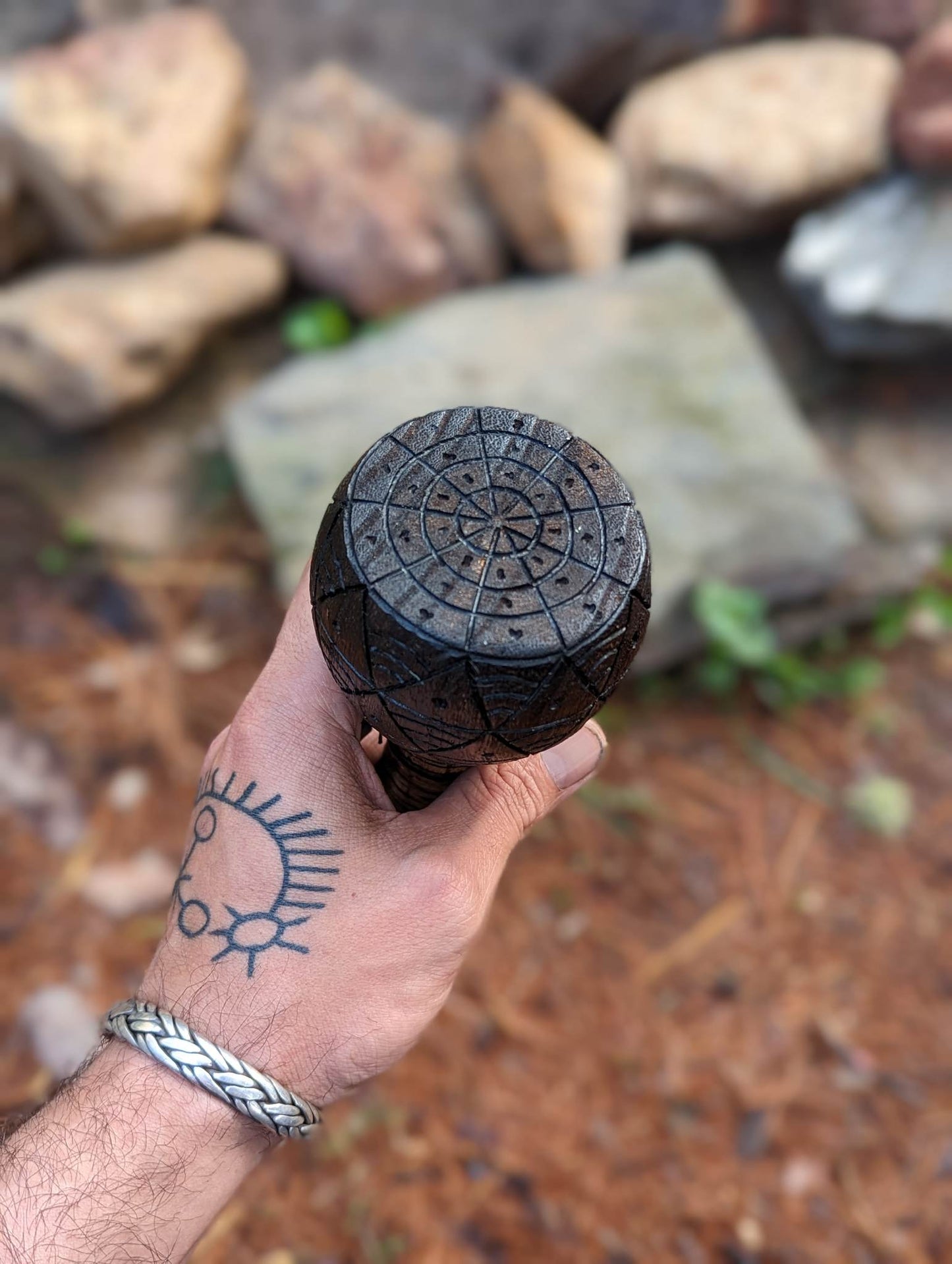 European Crow Feather Shaman Rattle | Hand Carved Wood