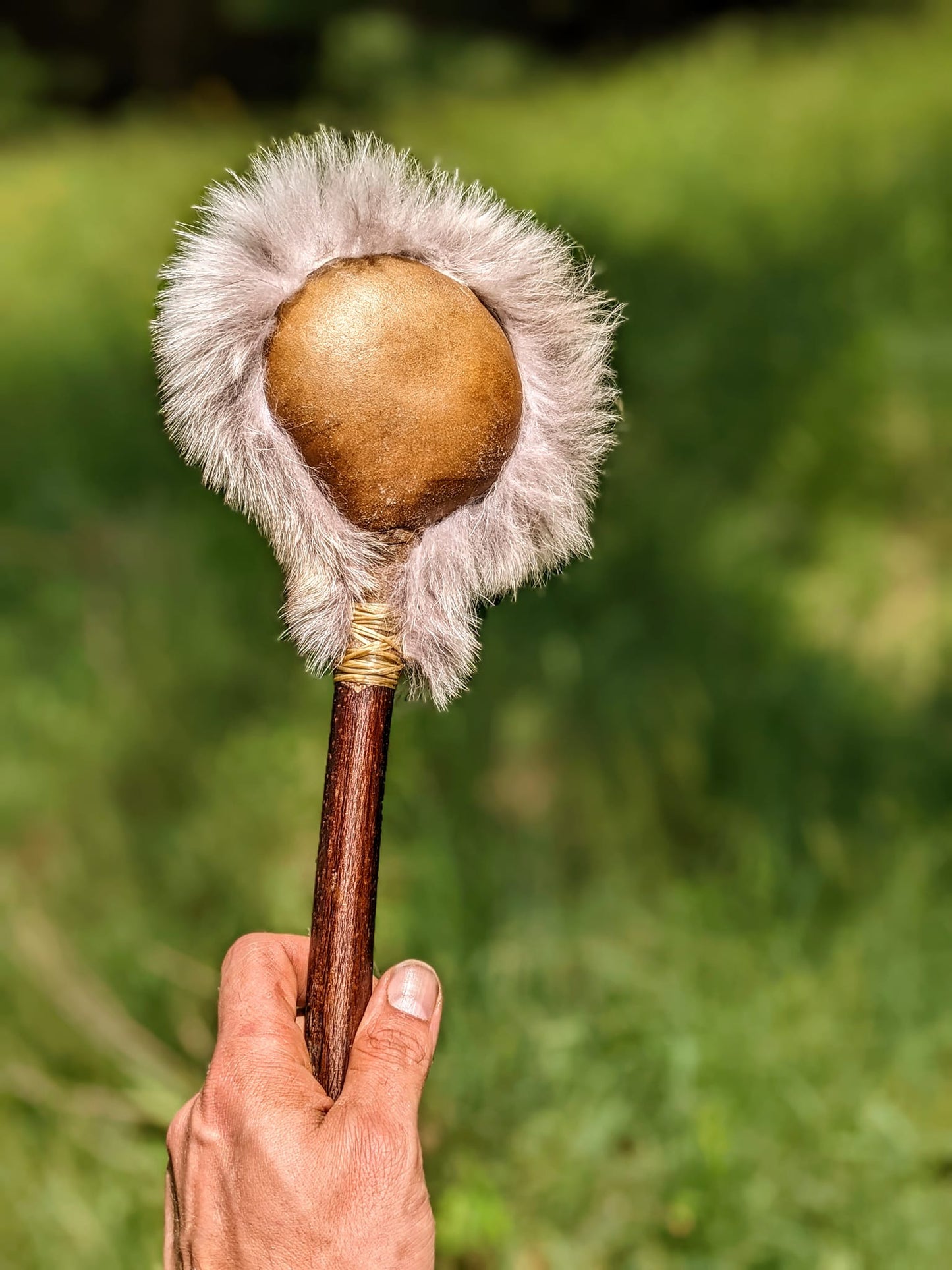 Deep Tone Elk Hide Rattle | Coyote Fur | Sinew Wrap
