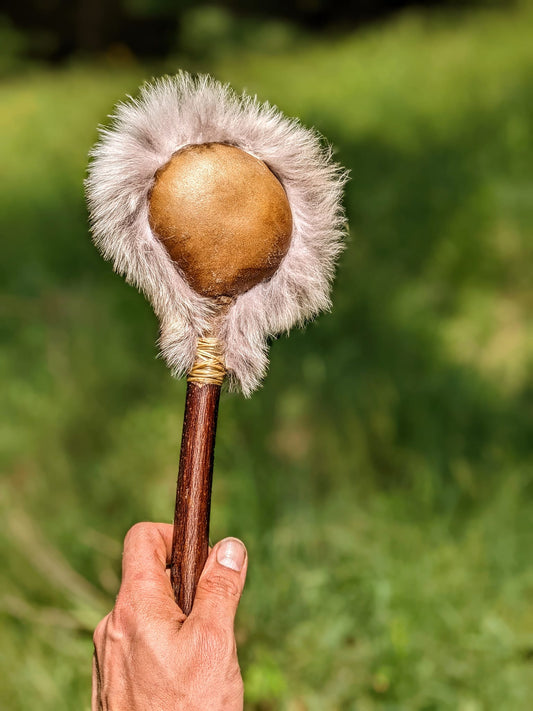 Deep Tone Elk Hide Rattle | Coyote Fur | Sinew Wrap
