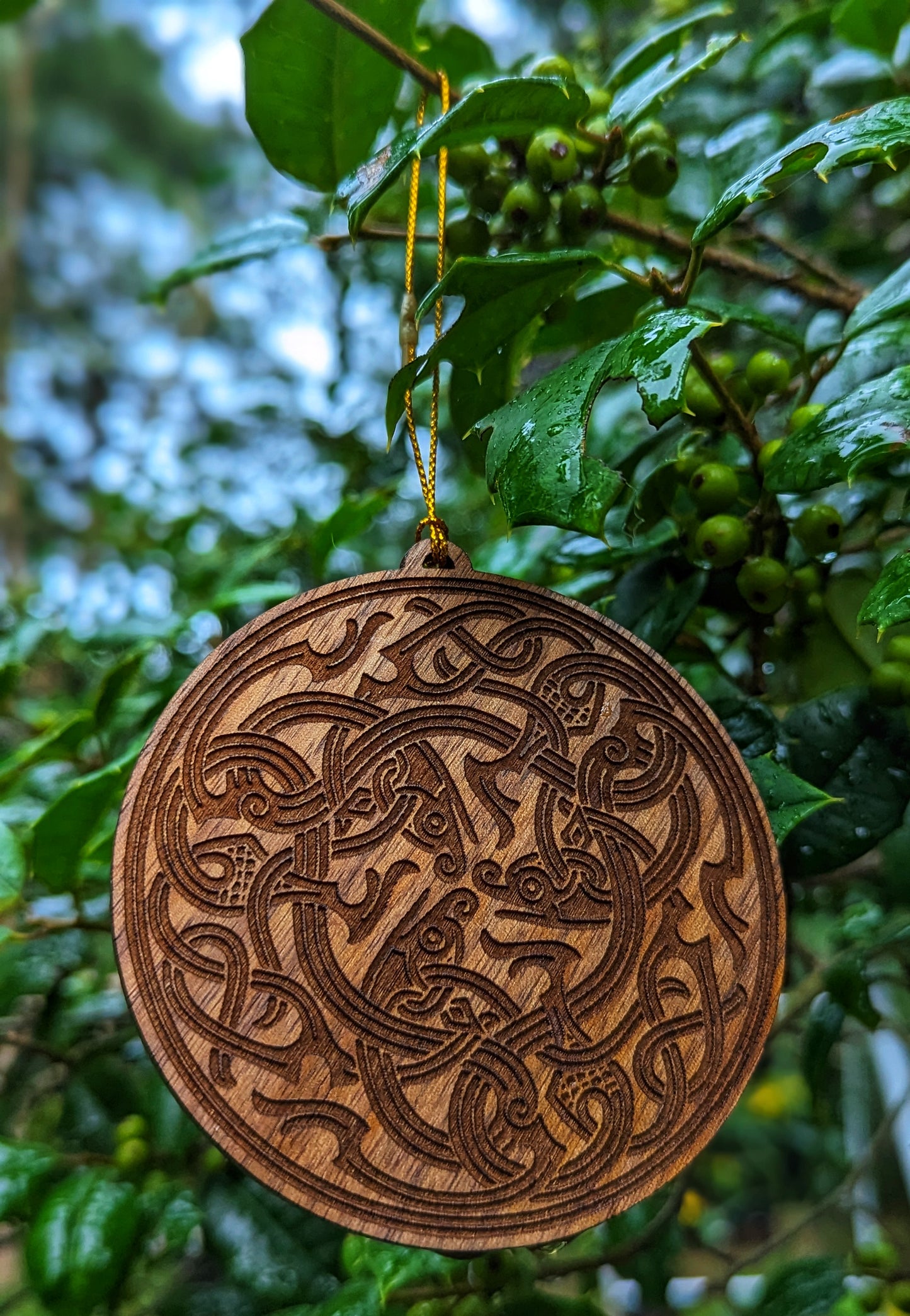 Set of Three Walnut Wood Norse Nordic Jelling Dragon Viking Knotwork Yule Christmas Ornament Set Asatru Holiday Decor