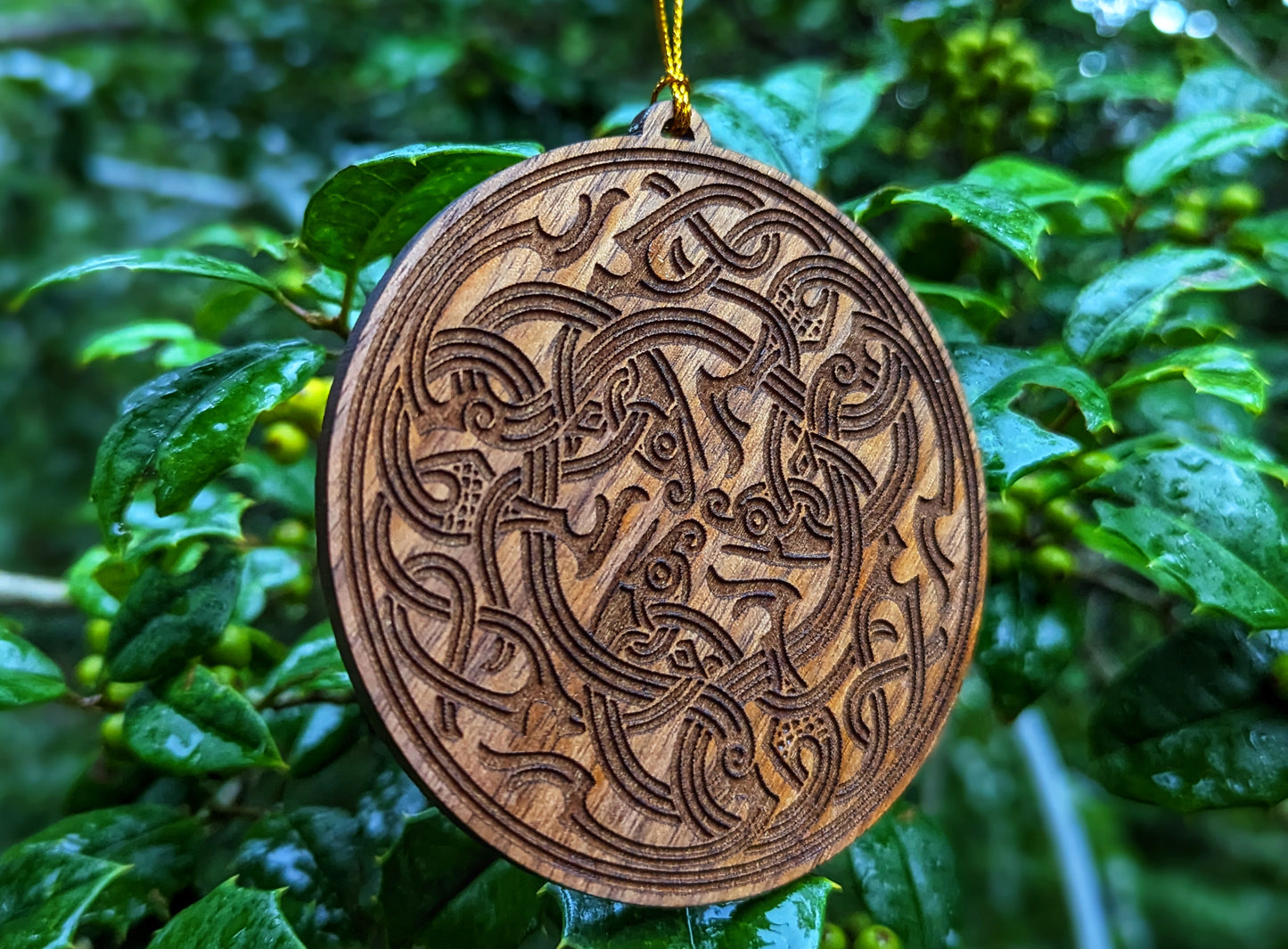 Set of Three Walnut Wood Norse Nordic Jelling Dragon Viking Knotwork Yule Christmas Ornament Set Asatru Holiday Decor
