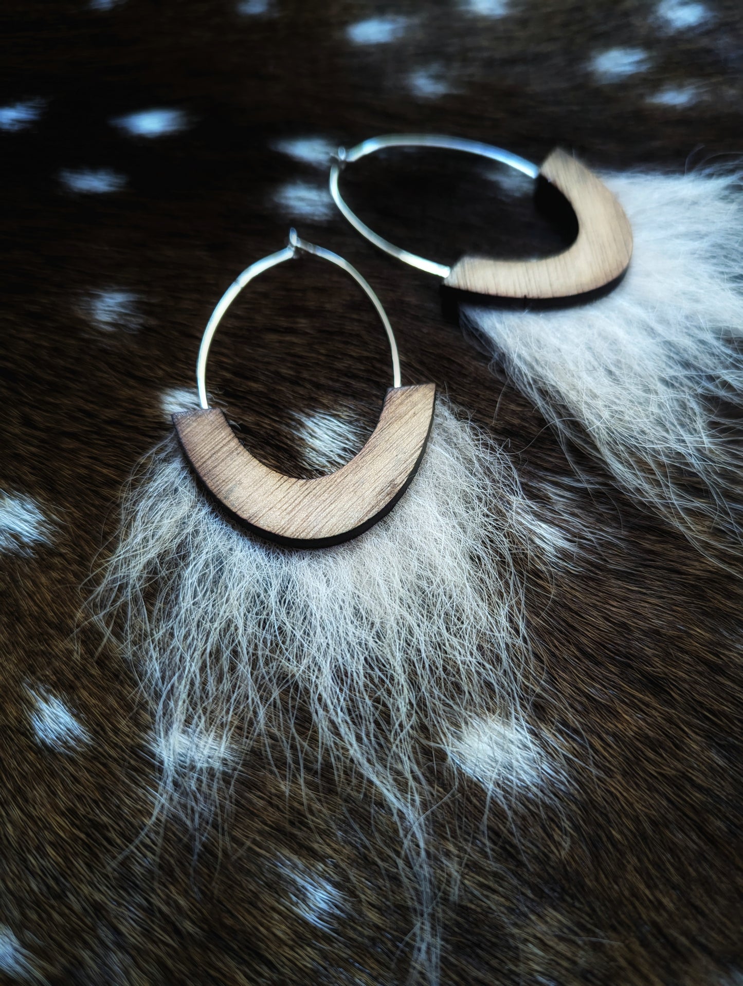 Wolf Fur Walnut Wood Loop Earrings