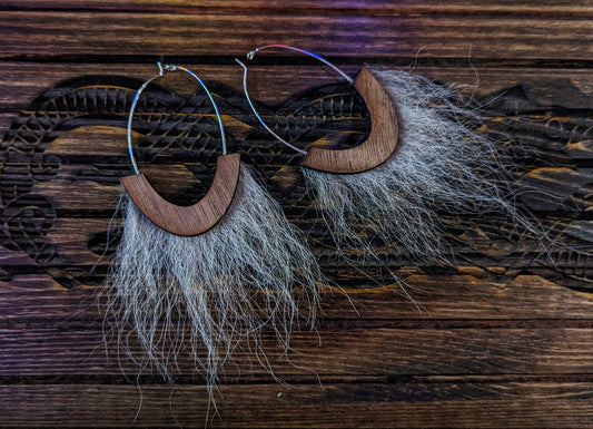 Wolf Fur Walnut Wood Loop Earrings