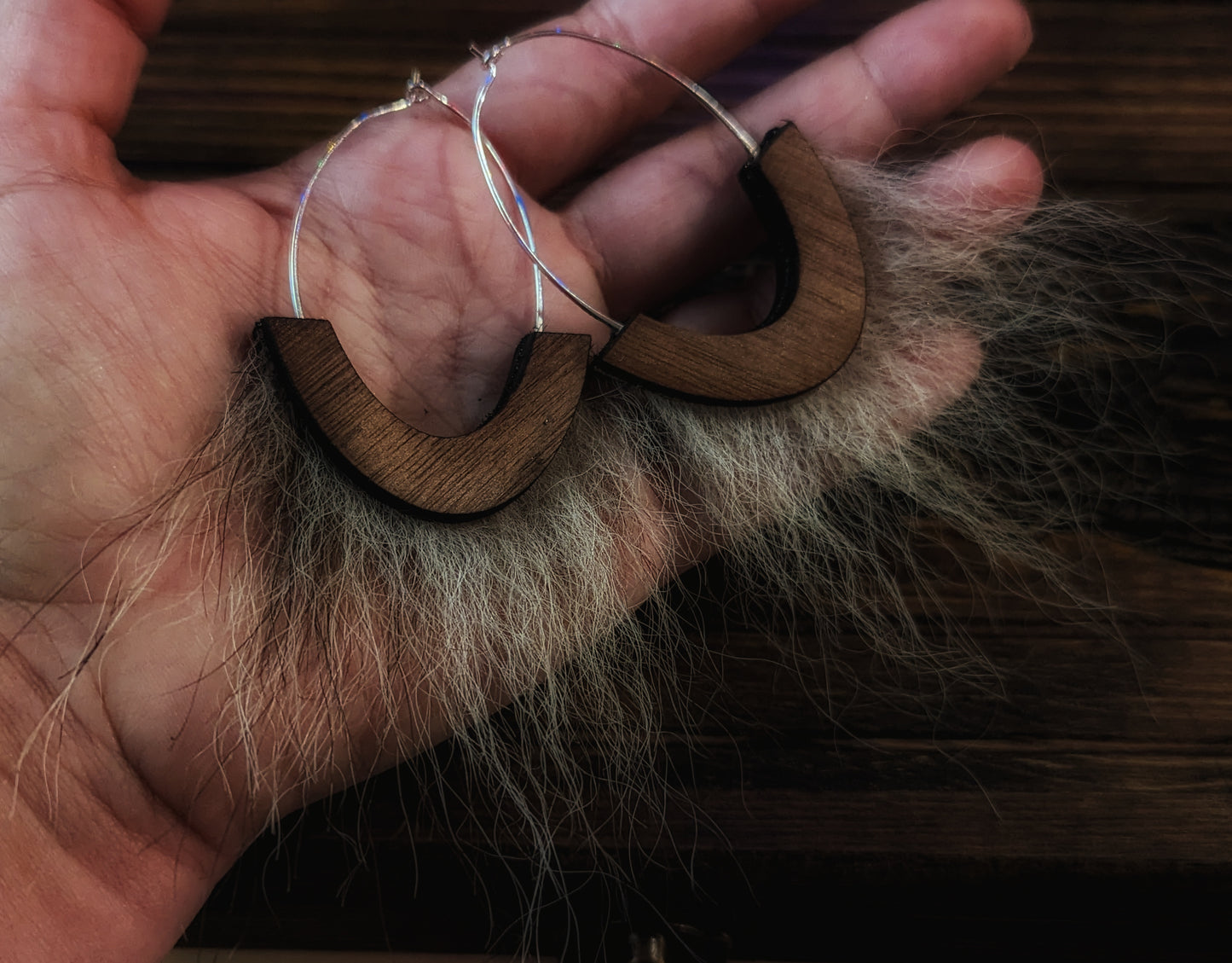 Wolf Fur Walnut Wood Loop Earrings