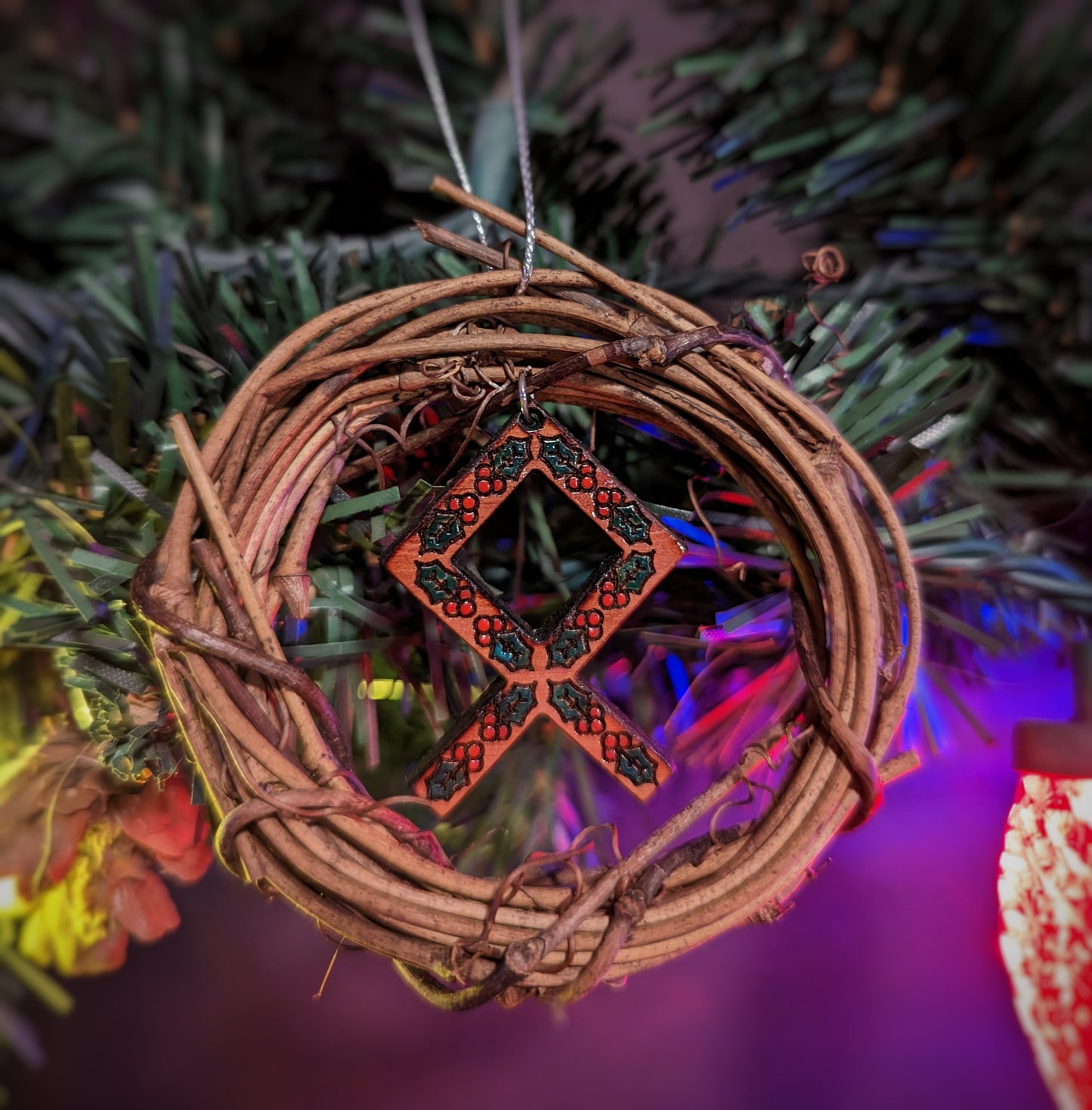 Hand Painted Cedar Holly Othala Wreath Ornament