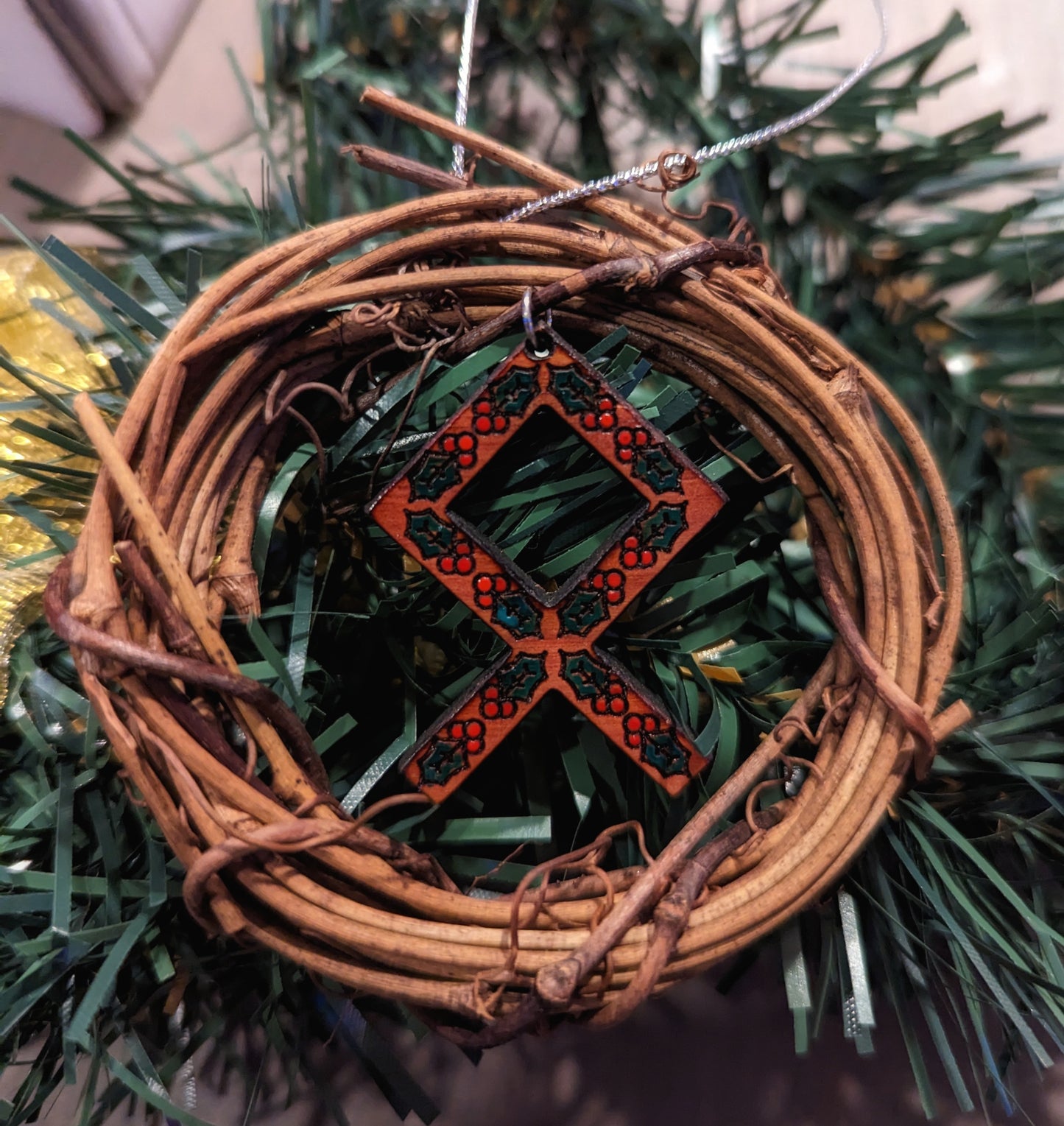 Hand Painted Cedar Holly Othala Wreath Ornament