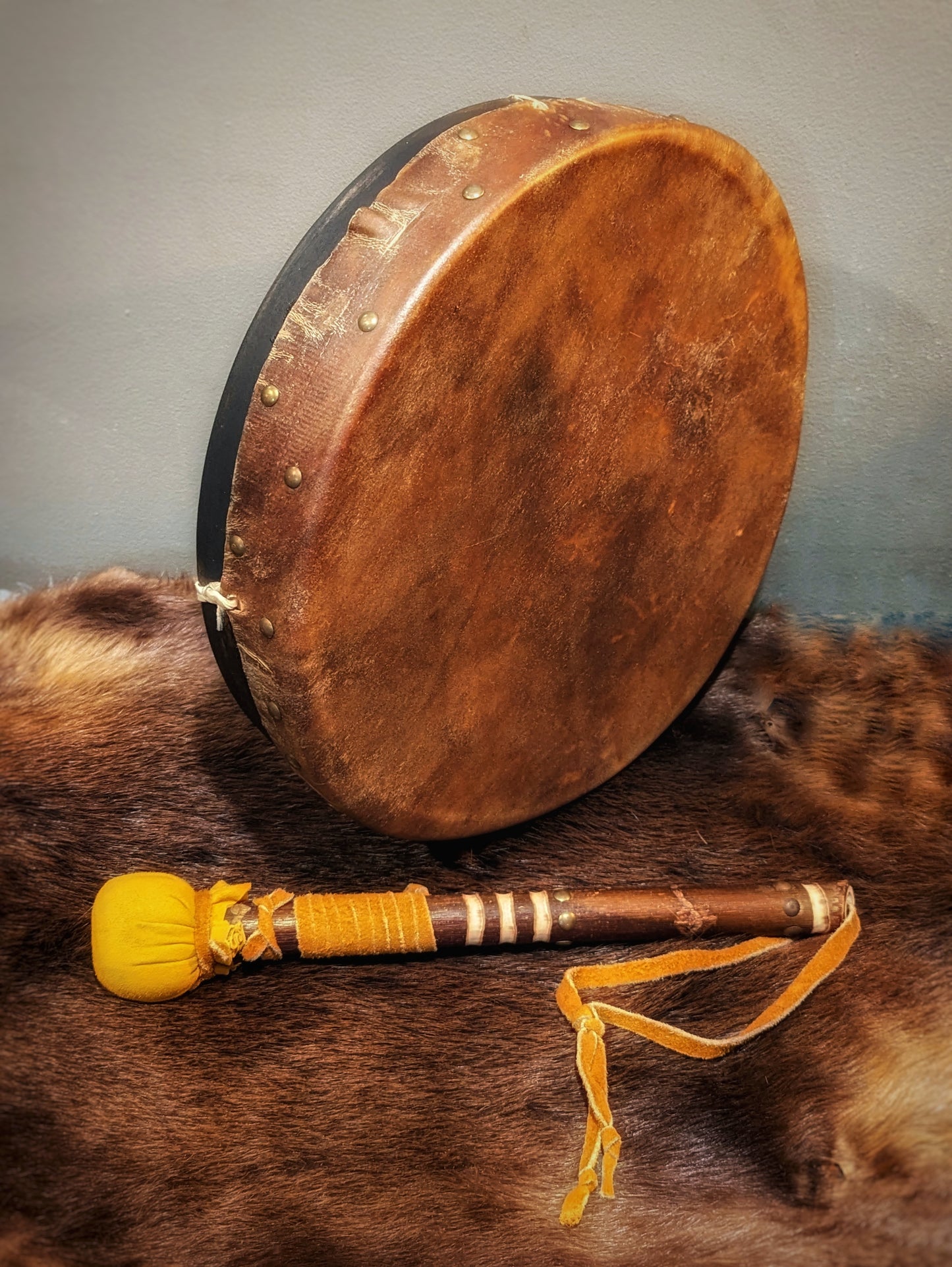 Thick Bison Hide 14" Shaman Drum | Deer Bone Grip | Brass And Carved Beater