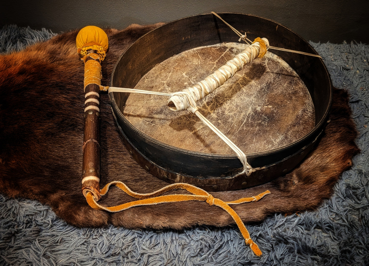 Thick Bison Hide 14" Shaman Drum | Deer Bone Grip | Brass And Carved Beater